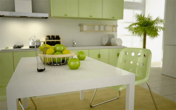 neue-küchenideen-weißer-esstisch-und-grüne-äpfel