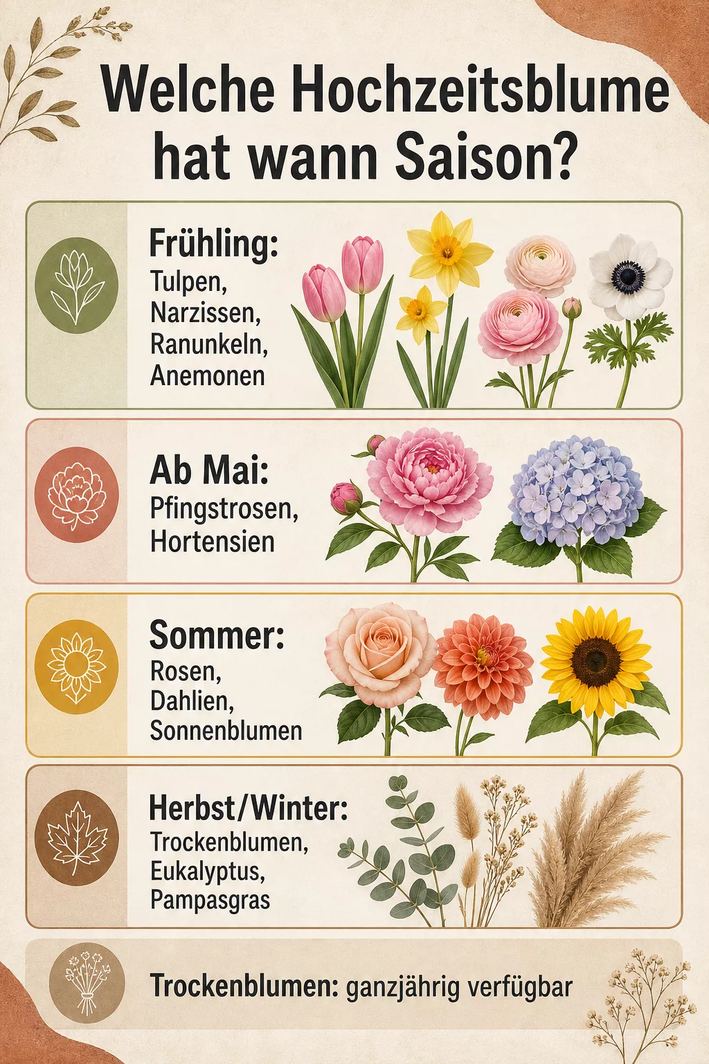 Saison-Kalender: welche Hochzeitsblume wann Saison hat
