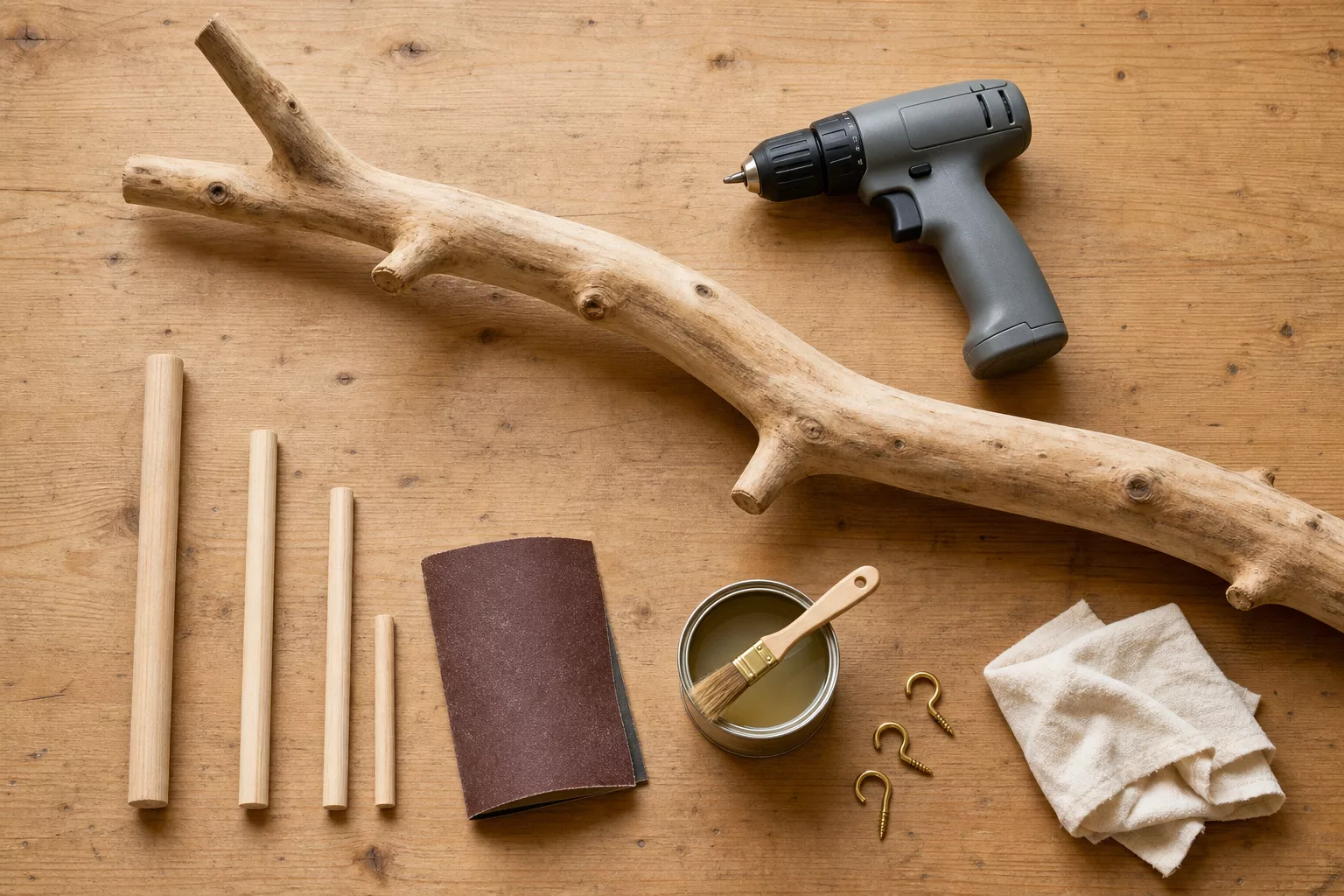 Werkzeug und Material für einen Schmuckständer aus Holz