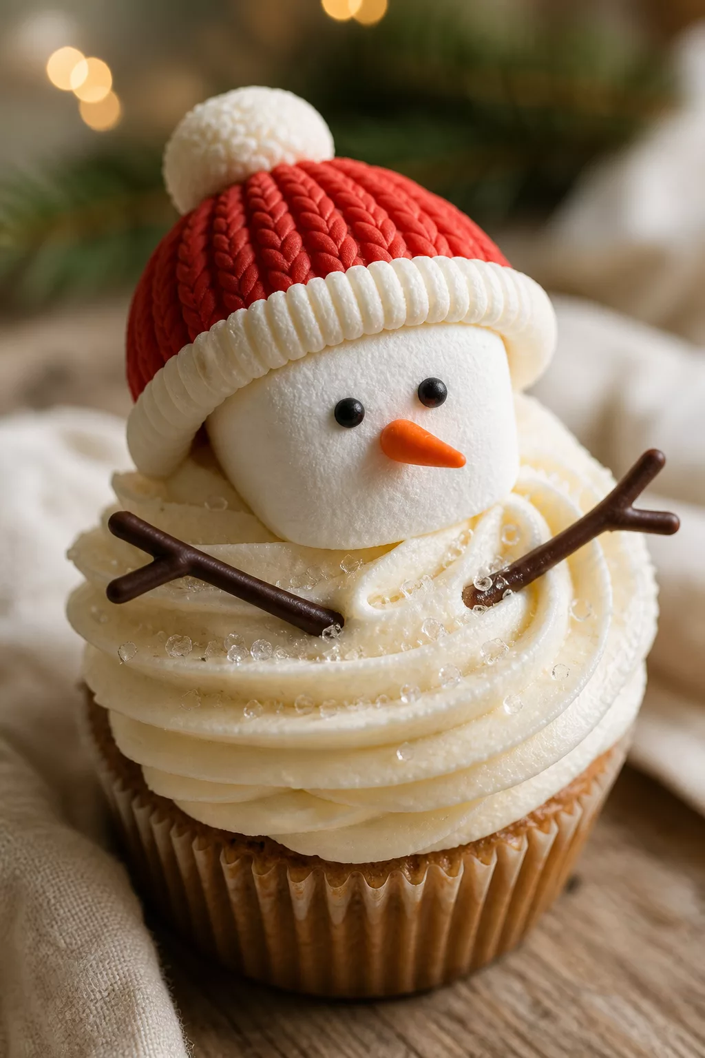 Cupcake als Schneemann mit Mütze und Zuckeraugen dekoriert