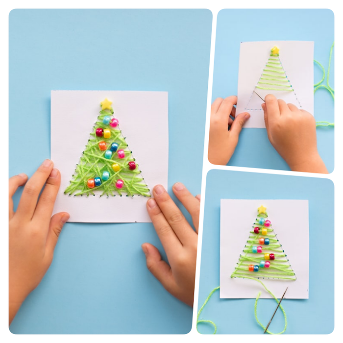 Weihnachtskarten basteln mit Kindern, Weihnachtsbaum aus grünem Faden und bunten Holzperlen 