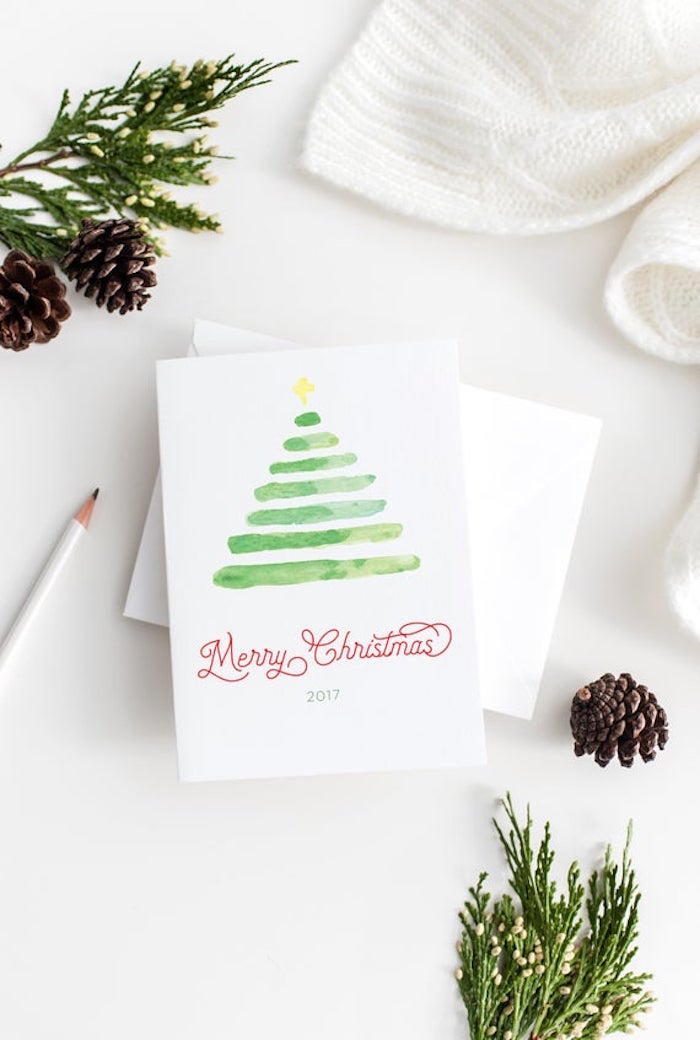 Weihnachtskarten basteln, Weihnachtsbaum malen mit Aquarellfarben, grüne Streifen und Stern 