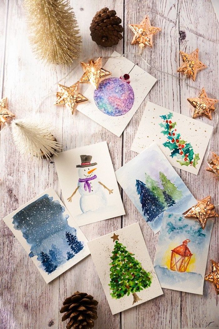 DIY Weihnachtskarten Ideen, verschiedene Weihnachtsmotive mit Aquarellfarben malen, Schneemann und Weihnachtsbaum, weihnachtskarten selber basteln vorlagen kostenlos 