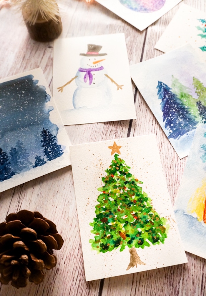 DIY Weihnachtskarten mit Aquarellfarben, Schneemann und Weihnachtsbaum malen 