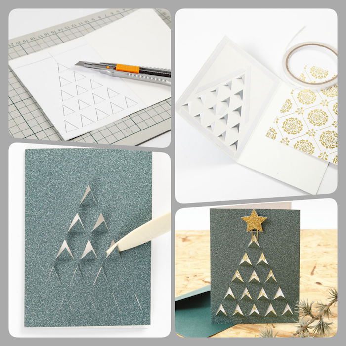 DIY Ideen für schöne Weihnachtskarten, kleine Dreiecke ausschneiden, Weihnachtsbaum gestalten 