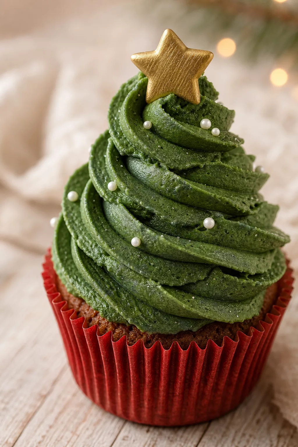 Cupcake mit grüner Buttercreme als Tannenbaum verziert