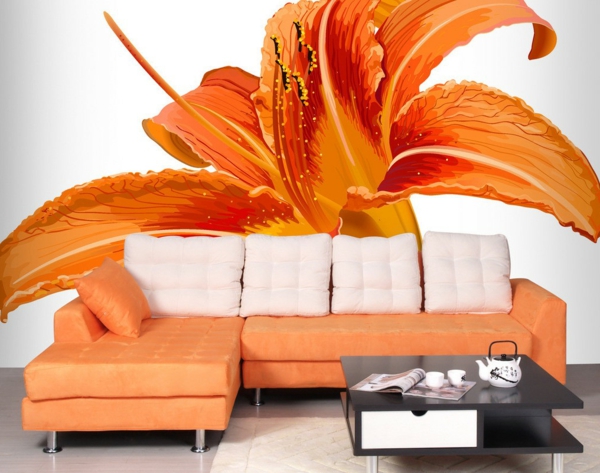tapeten-farben-ideen-große-orange-blume-wandgestaltung