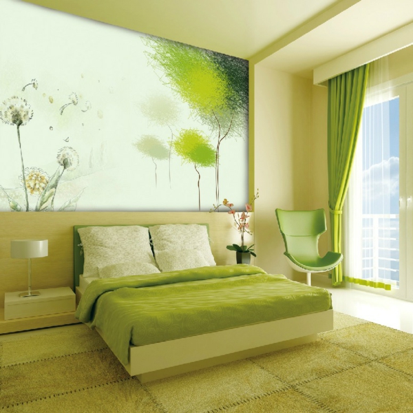 tapeten-farben-ideen-großes-grünes-bild-an-der-wand-im-schlafzimmer