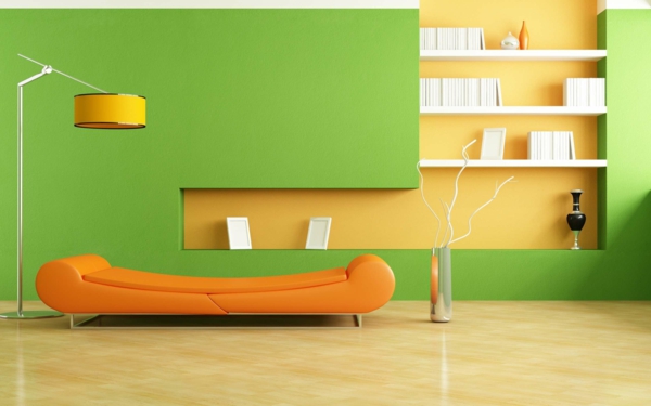 tapeten-farben-ideen-grüne-wände-und-orange-sofa