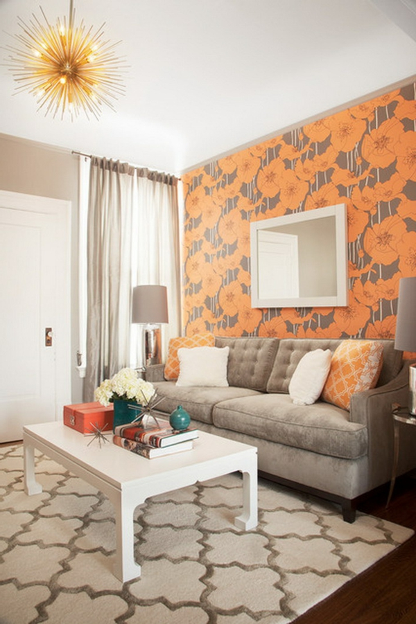tapeten-farben-ideen-kleines-schönes-wohnzimmer-in-orange-und-weiß