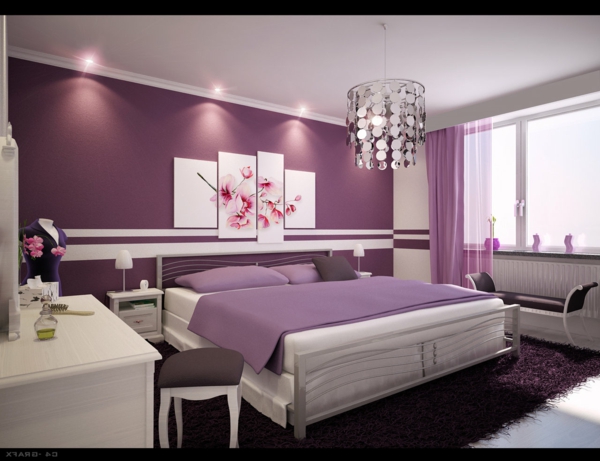 tapeten-farben-ideen-modernes-schlafzimmer-in-weiß-und-lila