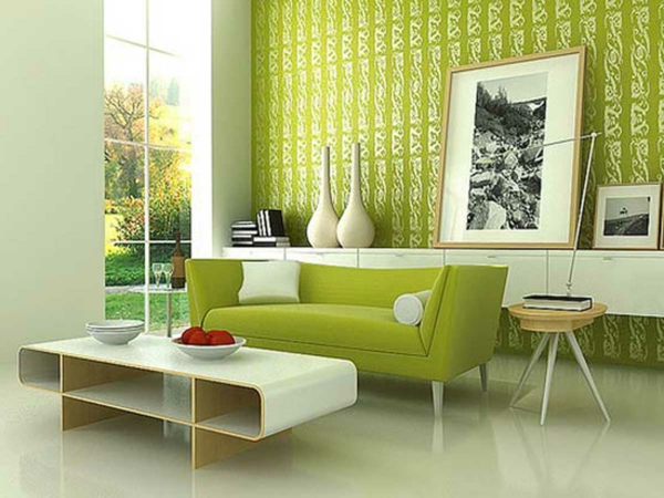 tapeten-farben-ideen-modernes-wohnzimmer-in-grüner-farbe