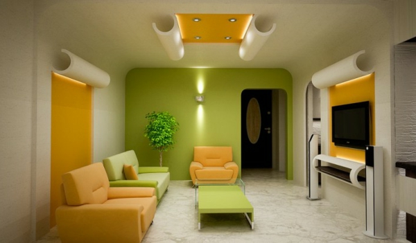 tapeten-farben-ideen-modernes-wohnzimmer-in-orange-und-grün