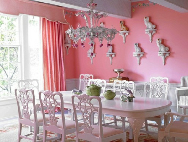 tapeten-farben-ideen-schönes-esszimmer-in-pink-und-weiß
