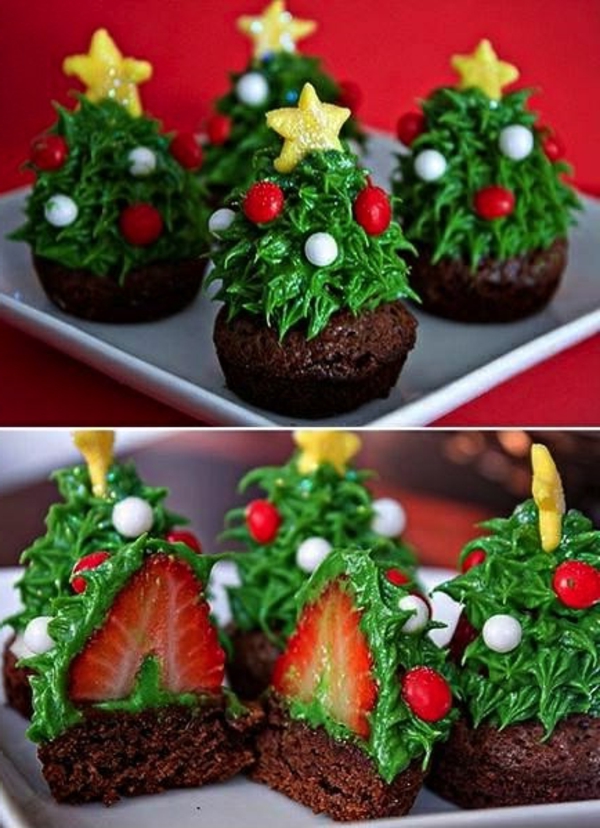 tolle-Ideen-für-Weihnachtscupcakes-Erdbeeren-Tannenbäume