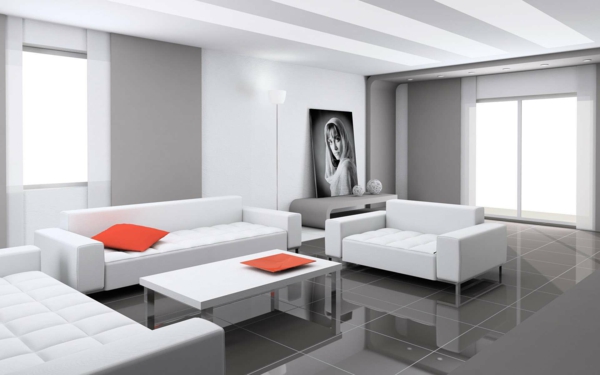 tolles-Design-für-das-Wohnzimmer-Weiß-Grau-Kissen-in-Orange