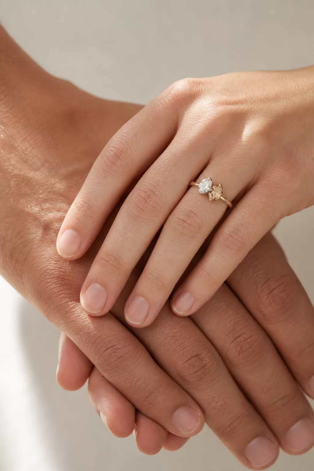 Toi-et-Moi-Ring mit zwei nebeneinander liegenden Steinen an der Hand