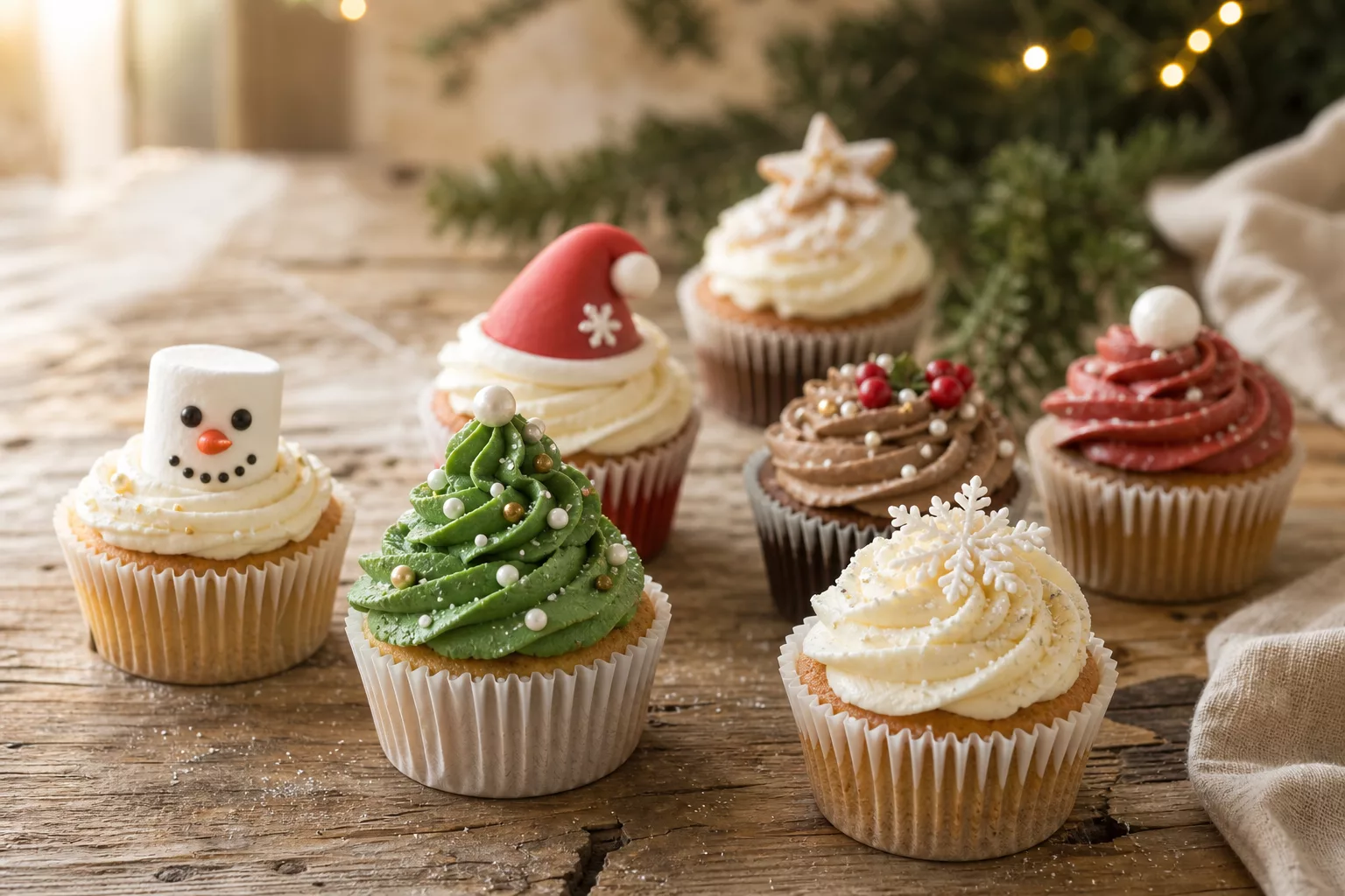 Weihnachts Cupcakes mit Tannenbaum, Schneemann und Schneeflocke Deko
