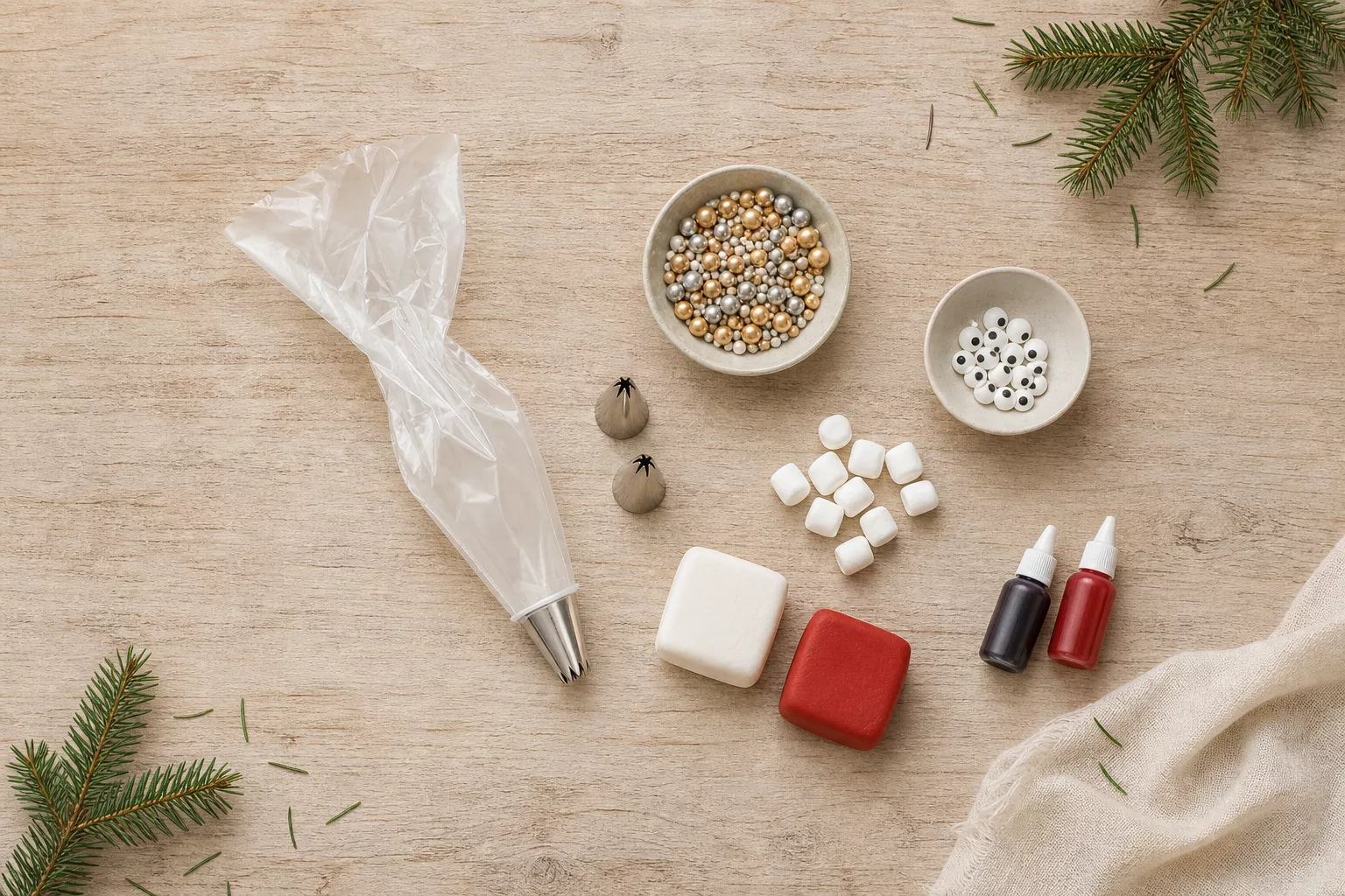 Zubehör für Weihnachts-Cupcakes: Spritzbeutel, Tüllen und Zuckerdeko