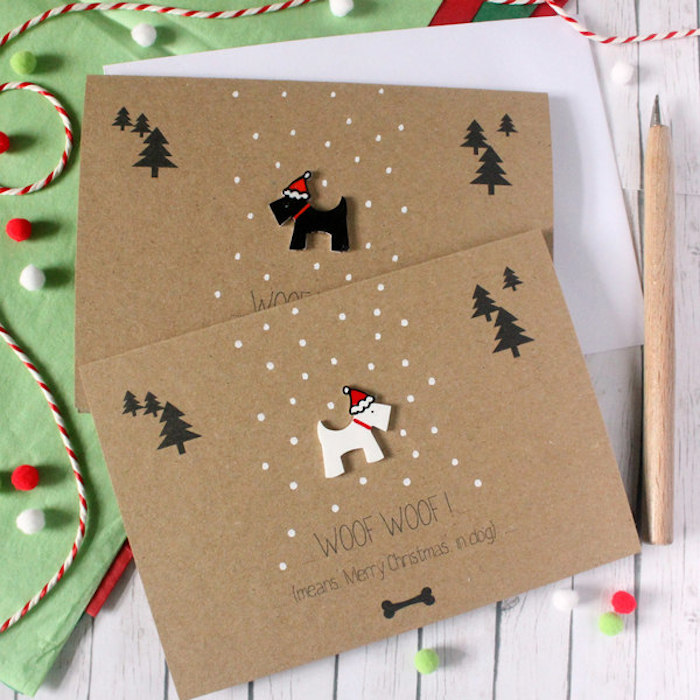 Süße Weihnachtskarten selber basteln mit kleinen Hunden und Weihnachtsbäumen 