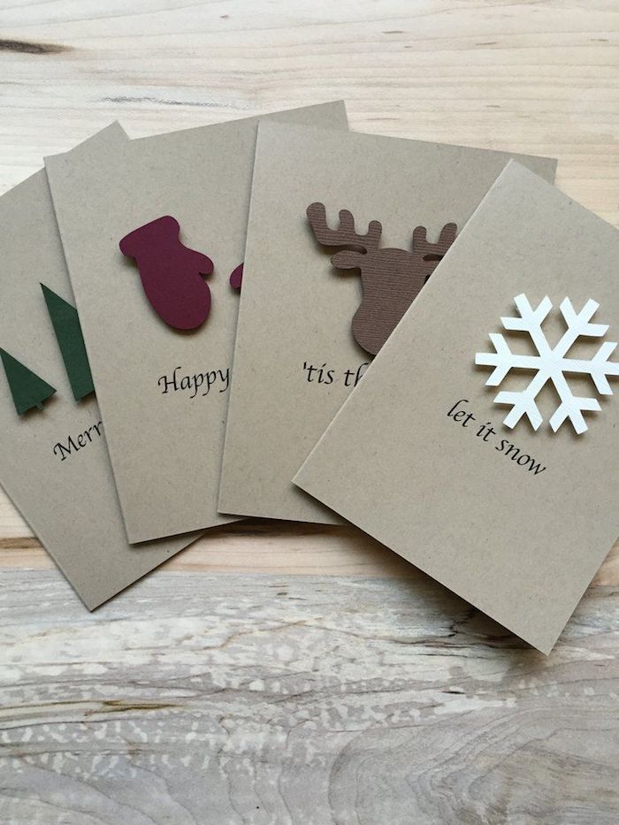 Weihnachtskarten mit verschiedenen Weihnachtsmotiven basteln, Schneeflocke Rentier Handschuhe und Christbäumchen 