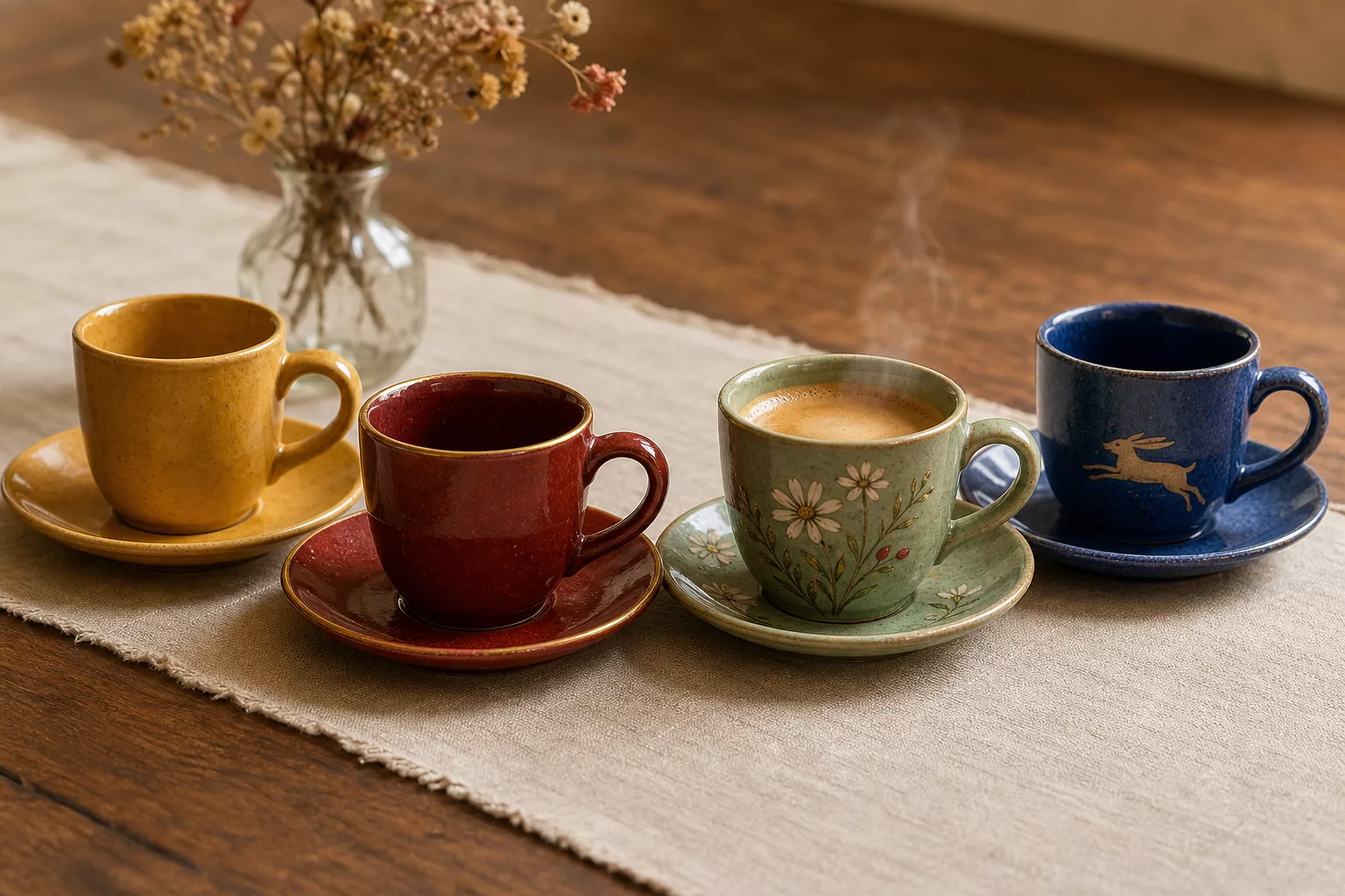 Bunte gemusterte Espressotassen als dekorative Tischszene