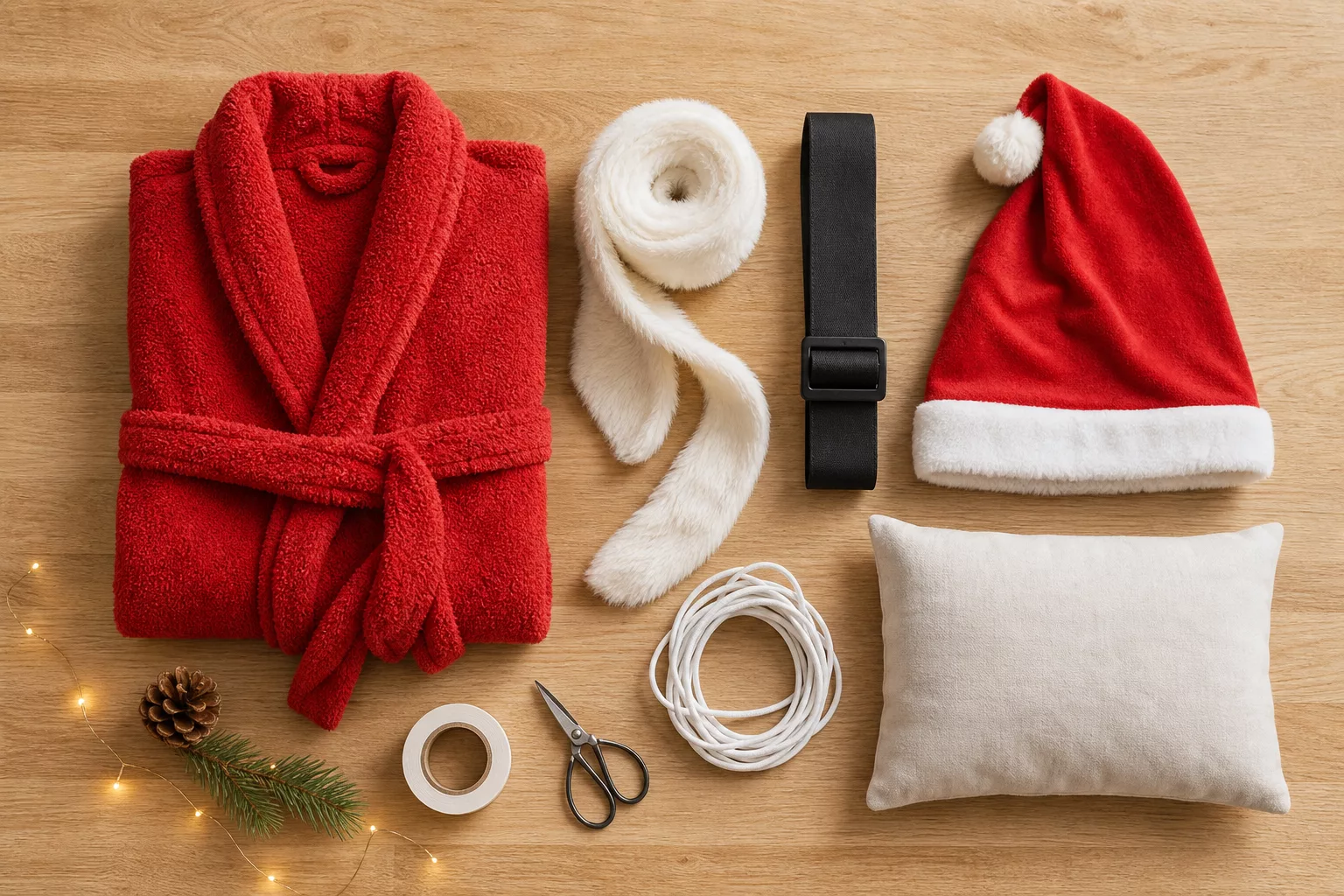 Material für ein selbstgemachtes Weihnachtsmann-Kostüm als Flatlay