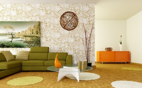 elegante-retro-tapeten-im-modernen-wohnzimmer mit einer grünen couch