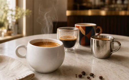 Stilvolles Stillleben mit modernen Espressotassen in Weiß, Glas und Metallic