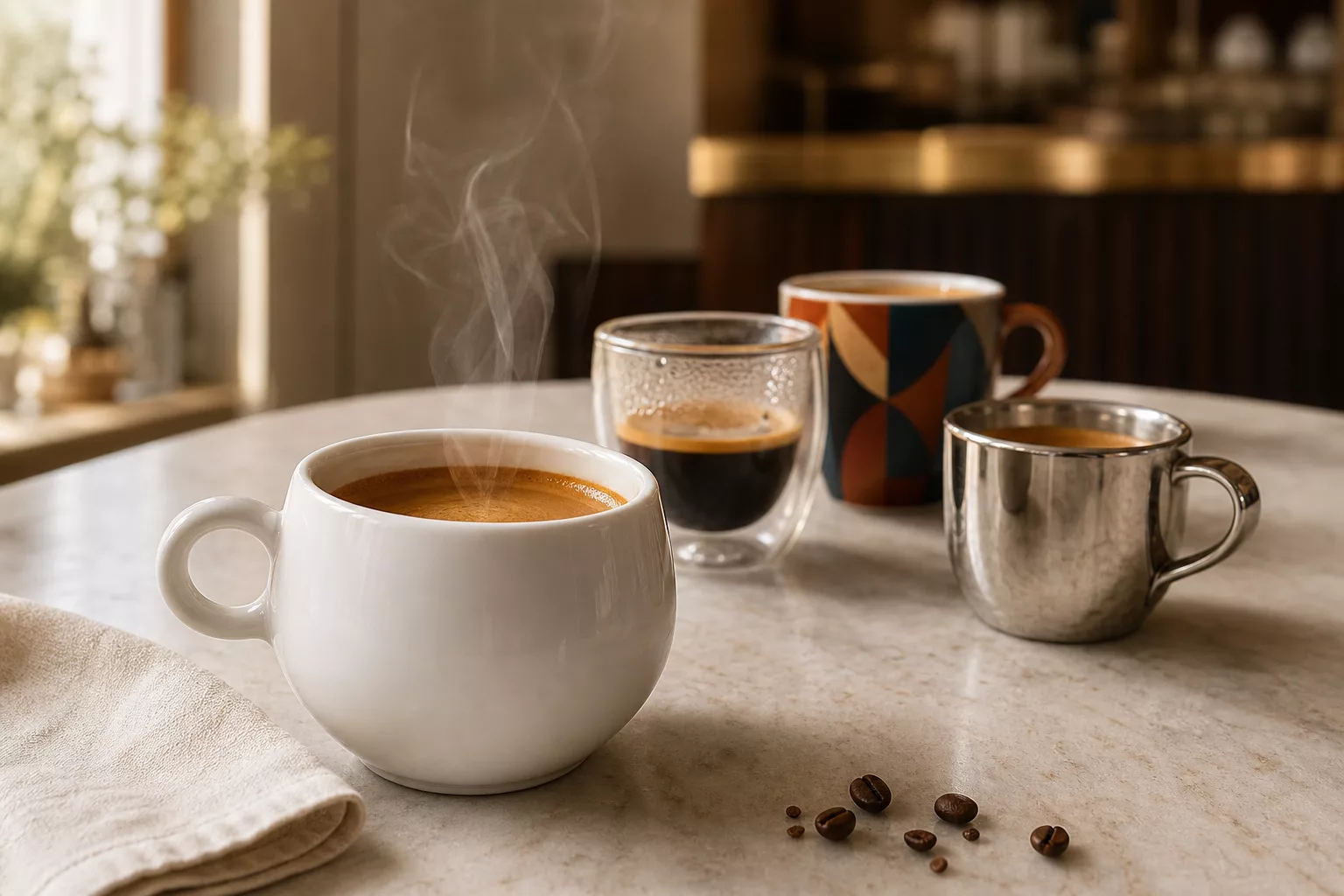 Stilvolles Stillleben mit modernen Espressotassen in Weiß, Glas und Metallic