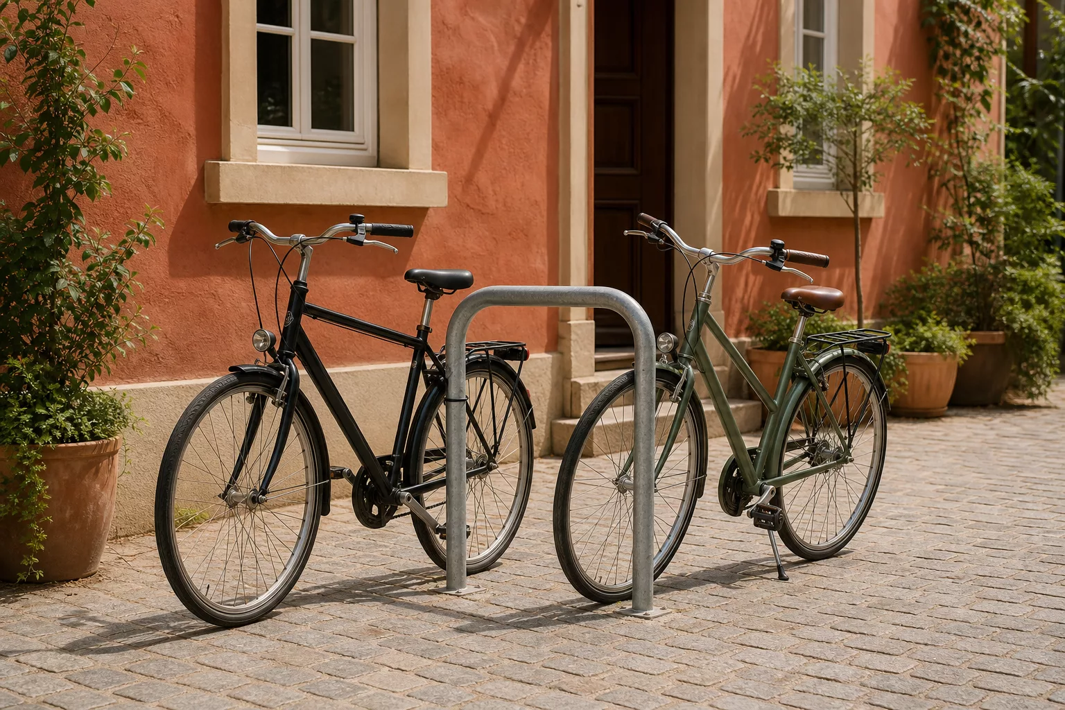 Rahmenhaltender Fahrradständer vor gepflasterter Hofeinfahrt mit zwei Rädern