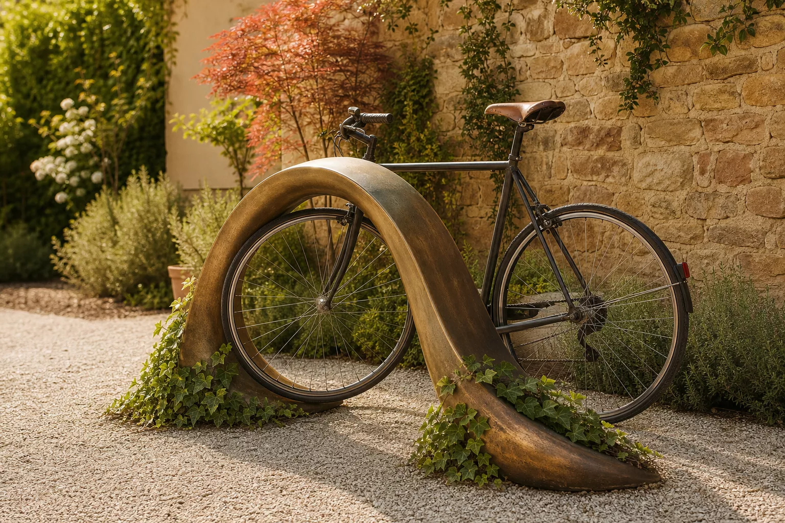 Skulpturaler Design-Bügel für Fahrräder mit begrüntem Sockel im Garten