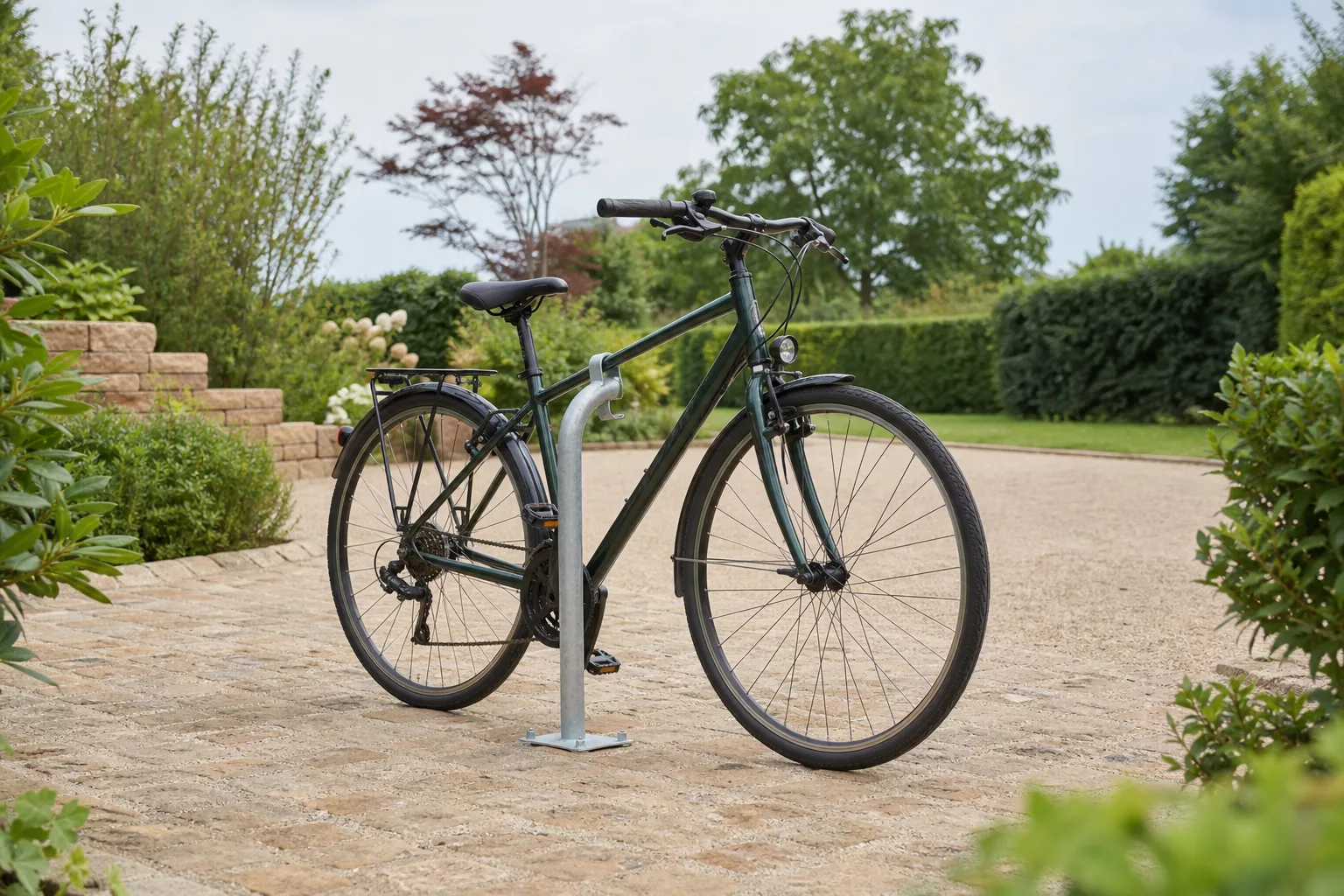 Wetterfester Fahrradständer im Boden verankert vor der Einfahrt