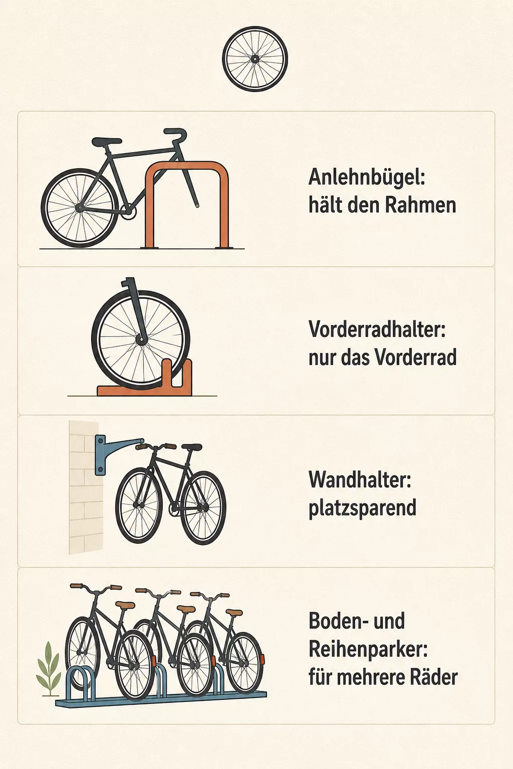 Grafik der vier Ständer-Typen: Anlehnbügel, Vorderradhalter, Wandhalter, Reihenparker