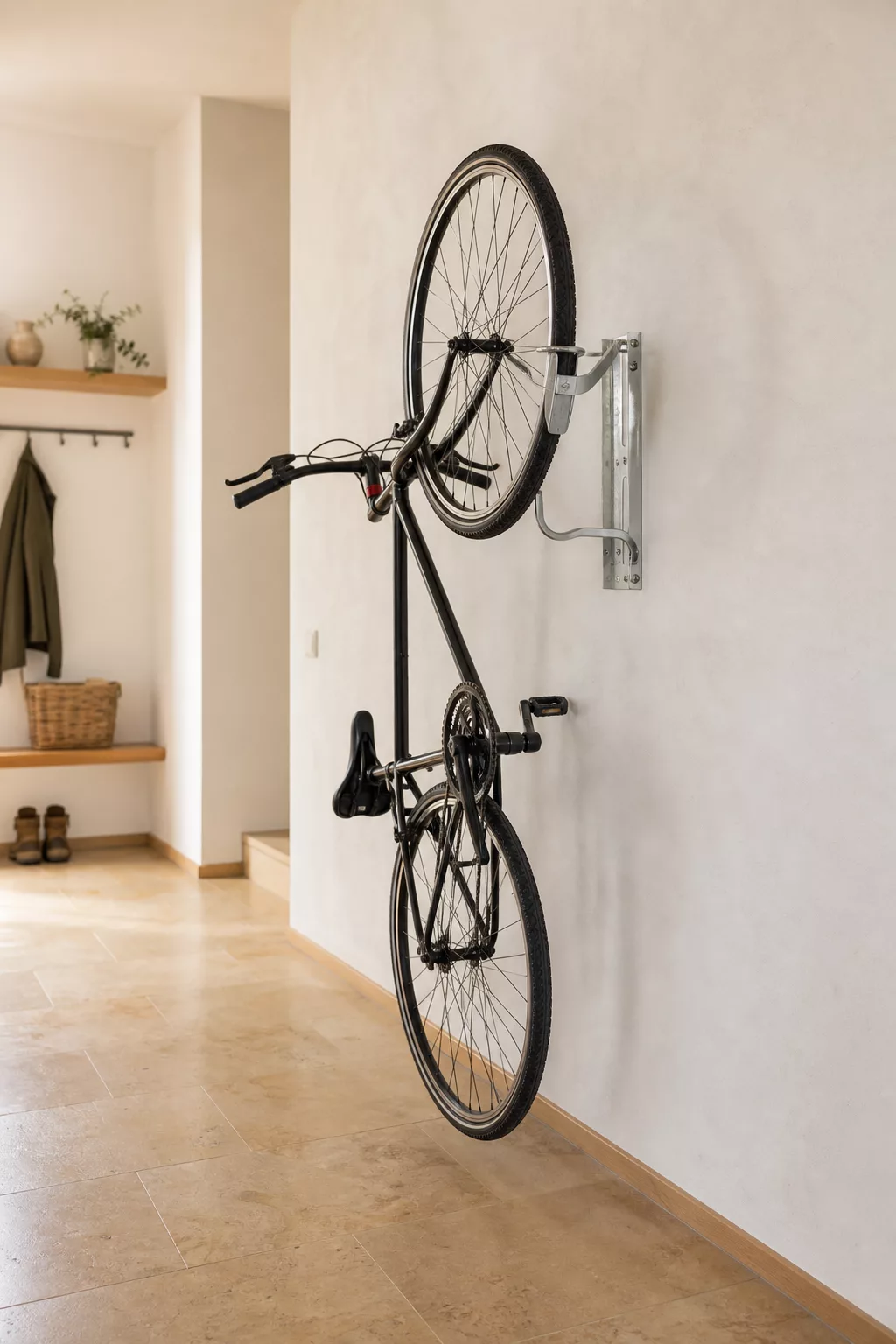 Platzsparender Wandhalter für ein Fahrrad im hellen Flur