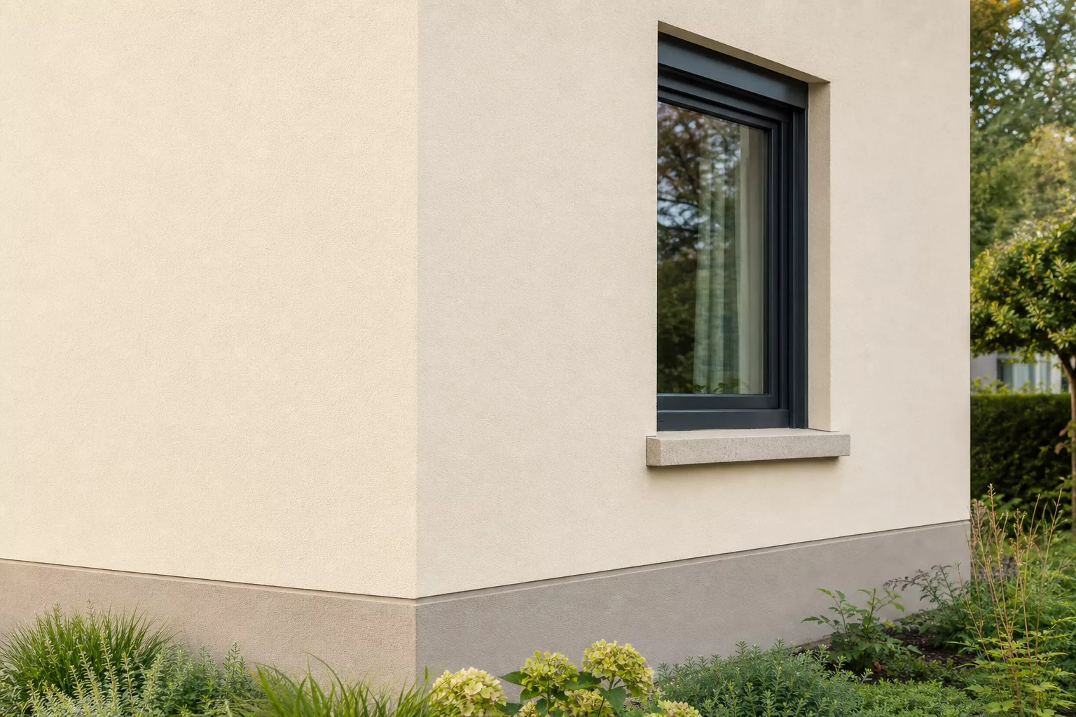 Hausecke zeigt abgestimmtes Farbkonzept aus Putz, Fensterrahmen und Sockel