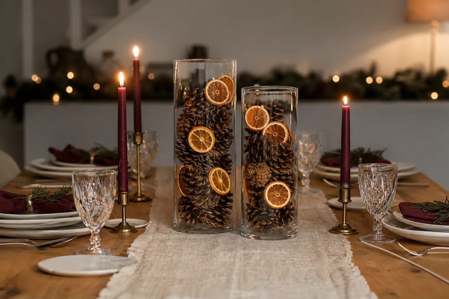 Weihnachtlich gedeckter Tisch mit Zapfen, Zitrusscheiben und Kerzen