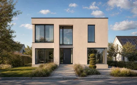 Modernes Einfamilienhaus mit warmer Greige-Hausfassade und Fensterrahmen