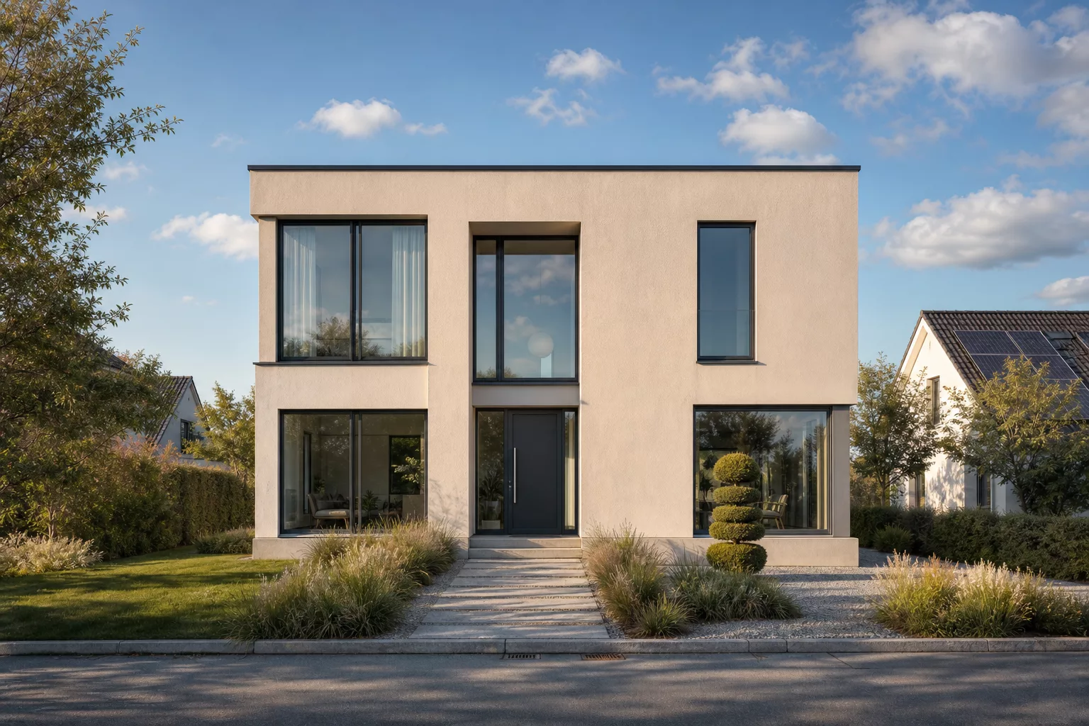 Modernes Einfamilienhaus mit warmer Greige-Hausfassade und Fensterrahmen