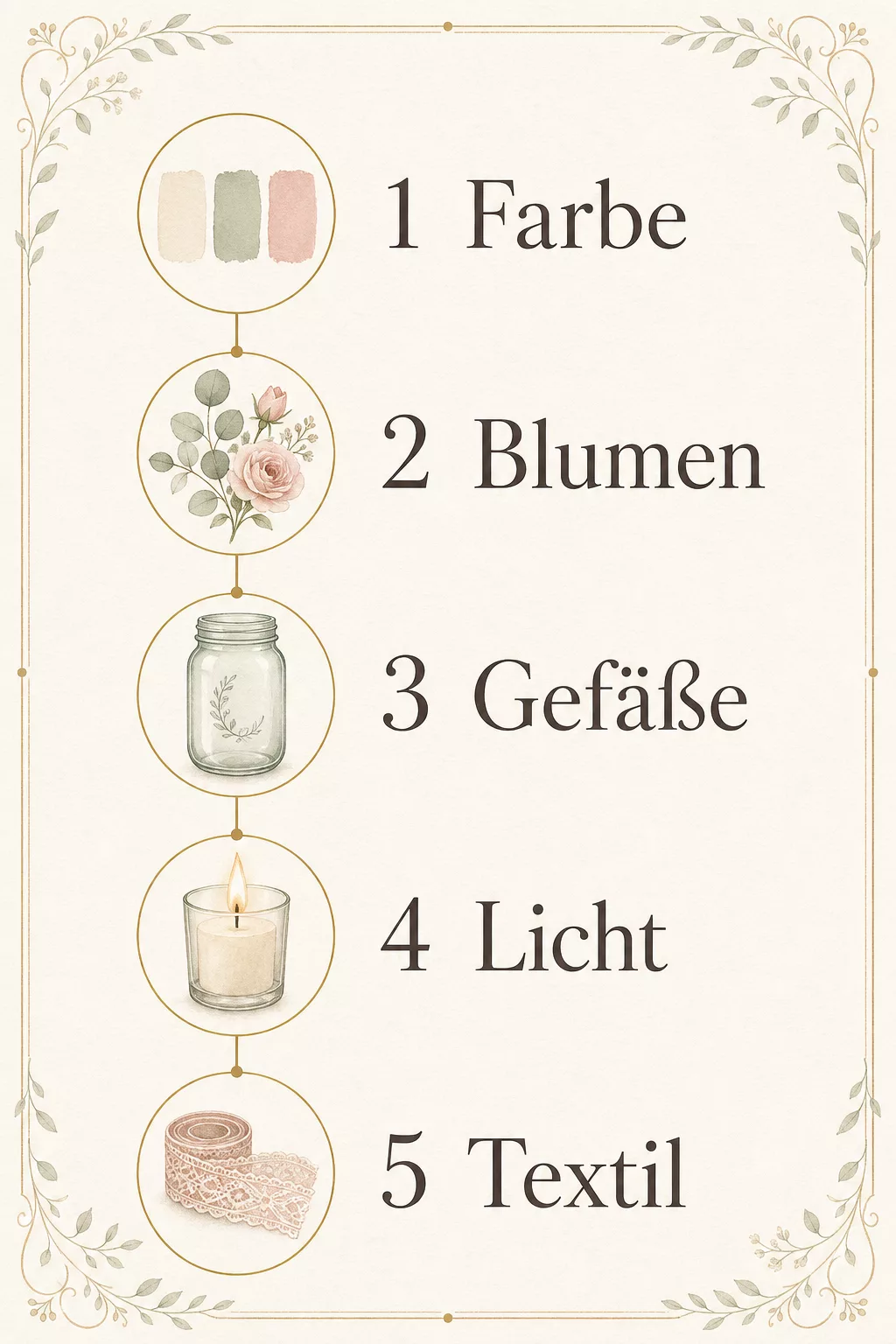 Infografik: 5 Bausteine einer Vintage Hochzeitstafel im Überblick