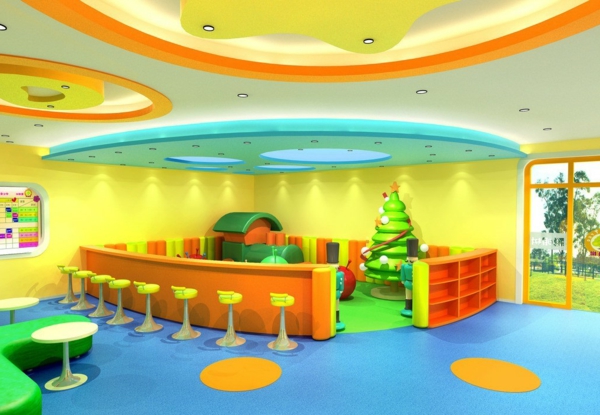 kindergarten-interieur-ultramoderne-rezeption-in-grün-orange-und-gelb