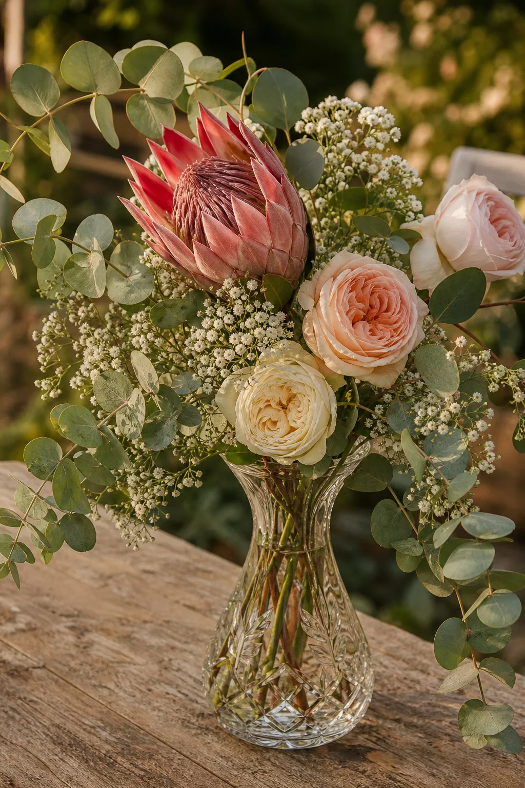 Lockeres Blumengesteck mit Eukalyptus, Rosen und Schleierkraut