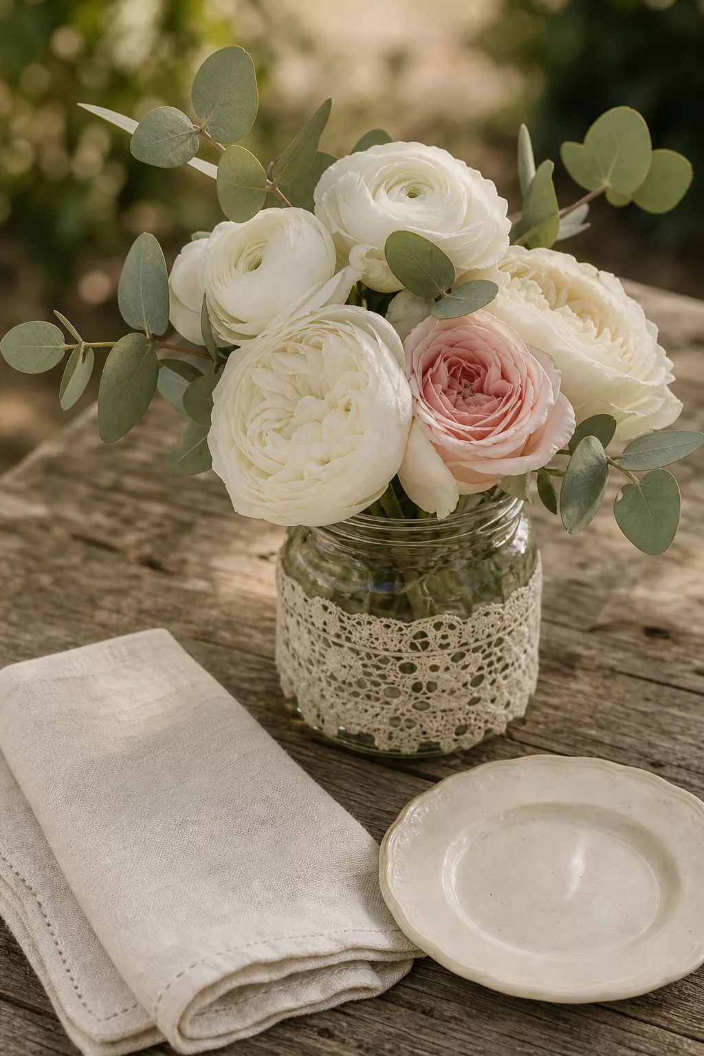 Weiße und rosa Blumen als ruhige Farbakzente auf der Hochzeitstafel
