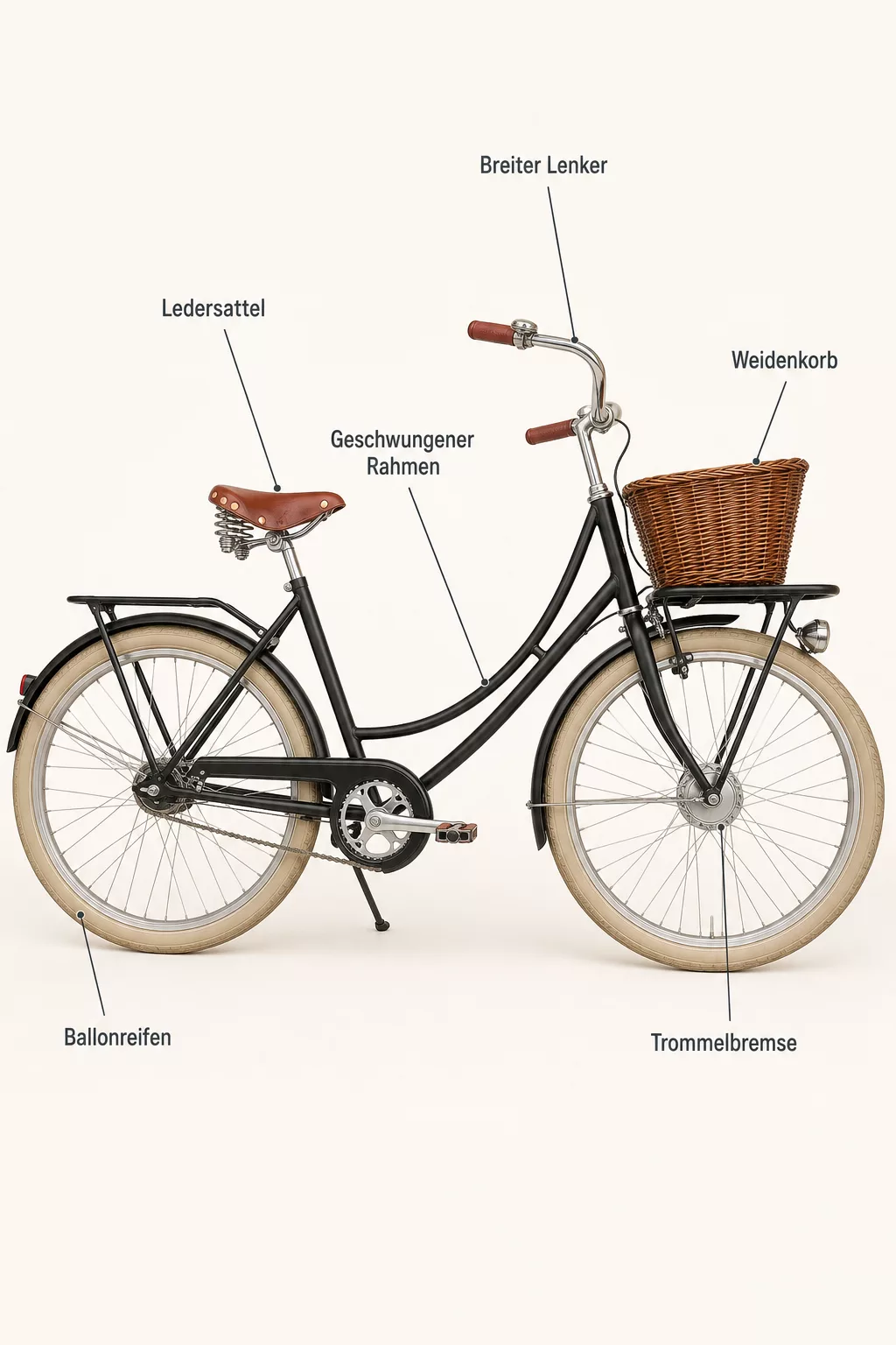 Grafik: Anatomie eines Retro-Fahrrads mit beschrifteten Bauteilen