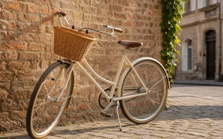 Cremefarbenes Retro Fahrrad mit Weidenkorb vor Ziegelwand