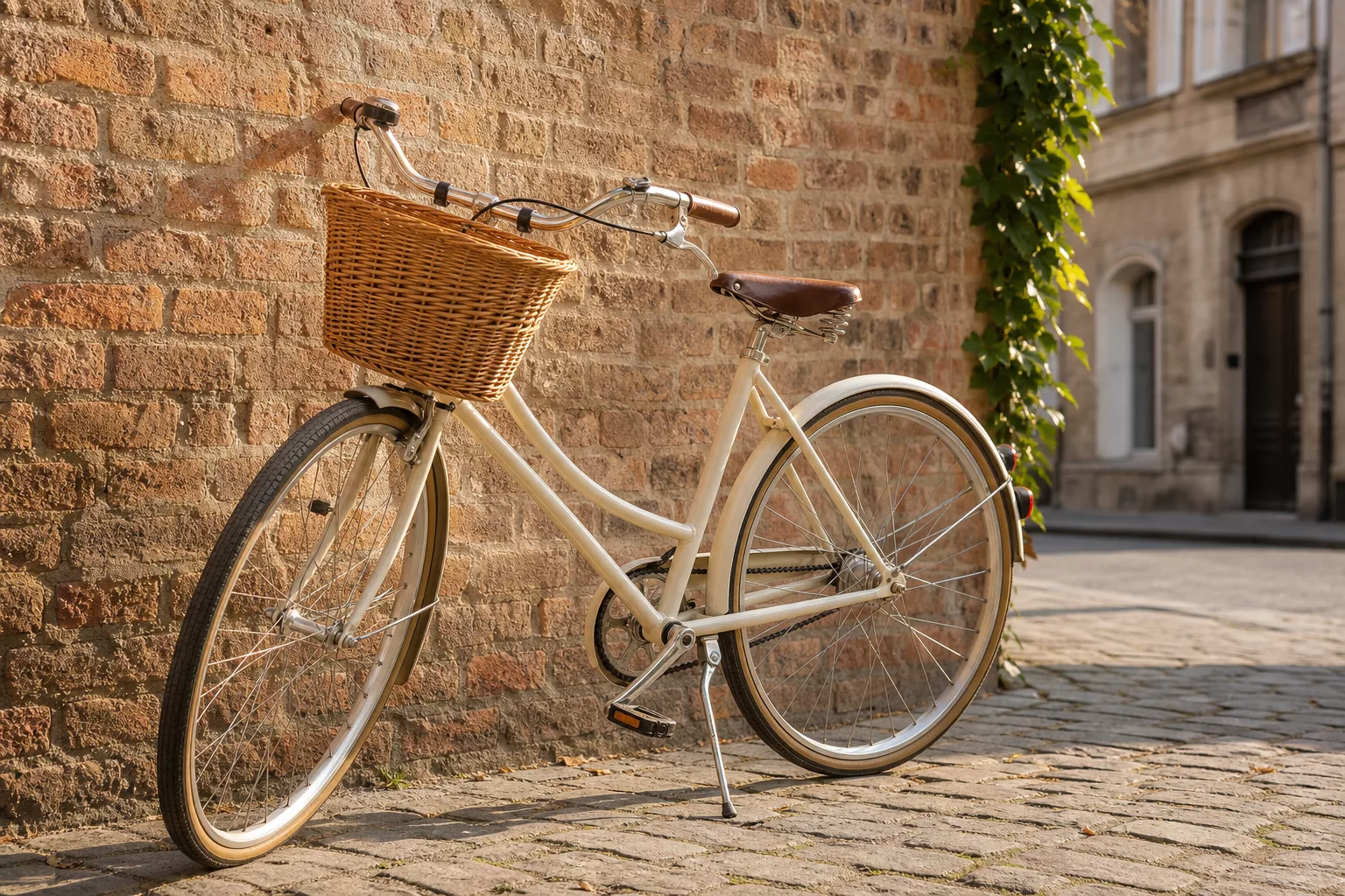 Cremefarbenes Retro Fahrrad mit Weidenkorb vor Ziegelwand