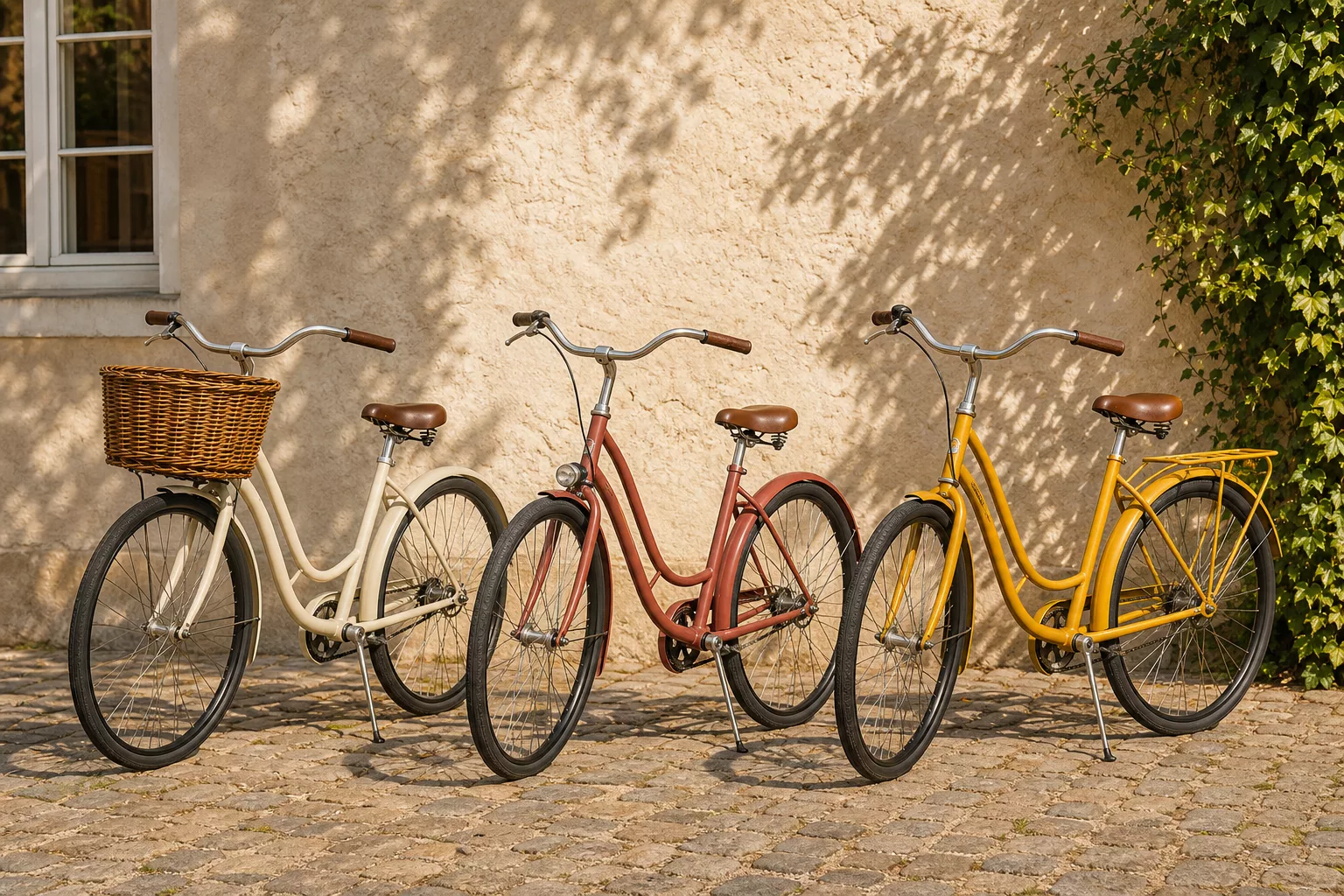 Mehrere retro Fahrräder in Creme, Rostrot und Senfgelb nebeneinander aufgereiht