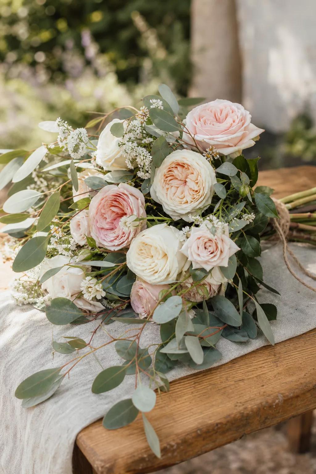 Brautstrauß aus pastellfarbenen Rosen und Eukalyptus-Greenery