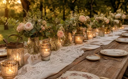 Vintage Hochzeit Tafel im Garten mit Kerzen und Pastellrosen