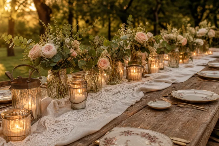 Vintage Hochzeit Tafel im Garten mit Kerzen und Pastellrosen